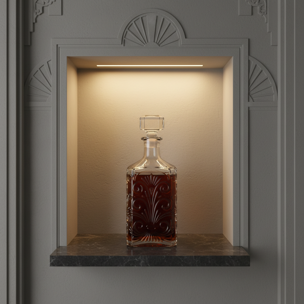 An intricately etched glass decanter with a minimalist, faceted stopper, filled with a deep amber spirit, placed on a smooth, dark stone shelf built into a wall niche. Subtle art deco patterns are etched into the surrounding plasterwork, painted in gentle dove gray. Low, indirect accent lighting within the niche provides a sophisticated glow, illuminating the decanter's facets and casting soft, elongated reflections onto the stone. The composition is architecturally precise and balanced, shot from a straight-on perspective at chest height. The scene succinctly captures the elegance and mystique of hidden cocktail havens, rendered in photographic realism with refined, subdued tones.