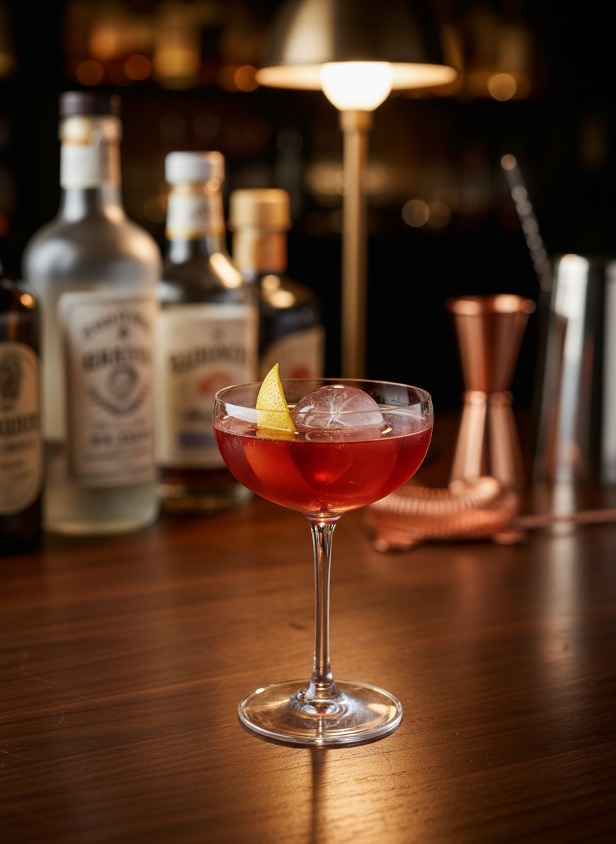 An elegant crystal coupe glass containing a vibrant signature cocktail, with a large, clear ice sphere and a precisely twisted lemon peel garnish. The glass stands atop a polished dark walnut bar, enhanced by muted background elements such as frosted bottles and subtle metallic accents. Warm, diffused pendant lighting from above creates soft highlights on the glass rim and gentle reflections in the liquid, while casting understated shadows on the wood. The composition uses a slightly elevated, off-center angle for visual sophistication and emphasizes shallow depth of field to direct focus on the drink. The overall mood is refined and intimate, embodying photographic realism with minimalist, elegant details to suit a sophisticated speakeasy blog.