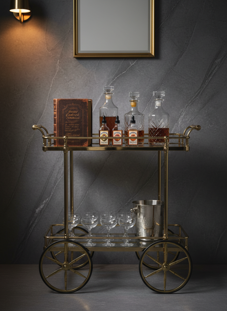 A sleek, vintage-inspired brass bar cart with slender wheels and glass shelves, artfully arranged with crystal decanters and classic bitters bottles. A discreetly placed recipe book with a leather cover is partially open, hinting at secret cocktail formulas. The cart is set against a textured charcoal wall with faint, subtle marbling and minimalist decor. Soft, ambient lighting from an unseen sconce adds gentle illumination, resulting in muted highlights on metal surfaces and delicate gradients throughout. Shot straight-on at eye level with balanced negative space, the scene exudes understated luxury and mysterious charm, aligning with the site's photographic and elegant themes.
