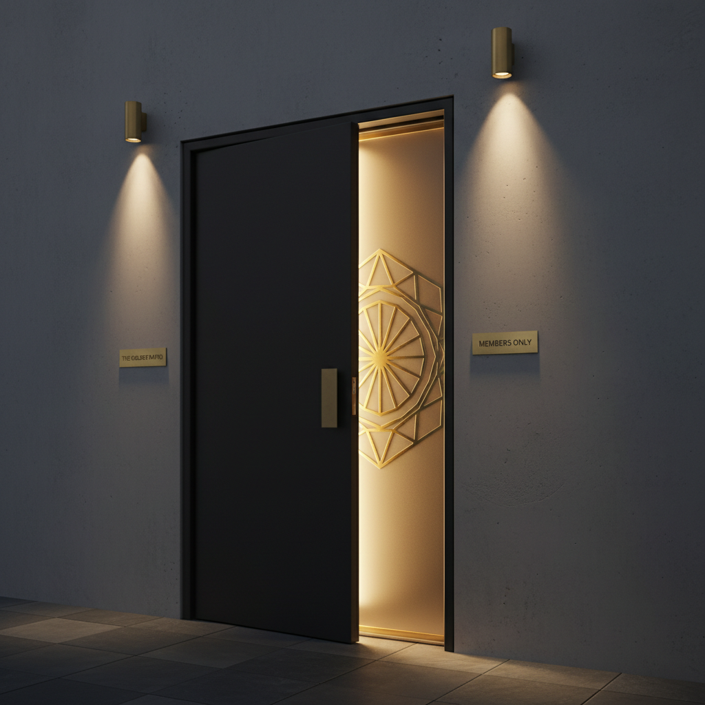 A mysterious backlit entrance, featuring a nondescript matte black door partially open to reveal a golden, geometric-patterned speakeasy logo etched on frosted glass. The door is set into a smooth concrete wall with muted gray tones, flanked by minimal brass signage. Subtle, focused spotlights above create a gentle gradient on the wall and a glowing effect through the frosted glass. The angle is slightly low and to the side, enhancing the sense of intrigue and exclusivity. The composition is uncluttered and crisp, embodying photorealistic clarity with minimalist elegance, reinforcing the allure of hidden bars.